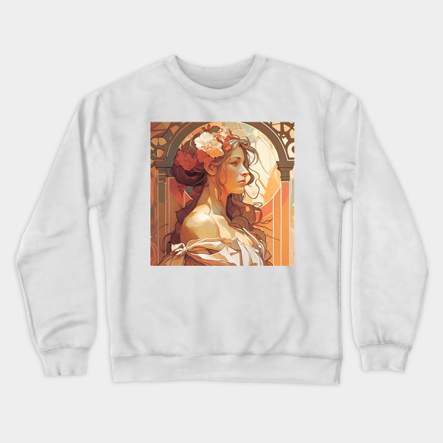 Alphonse Mucha Style Portrait of a Beautiful Woman Crewneck Sweatshirt by Danielleroyer